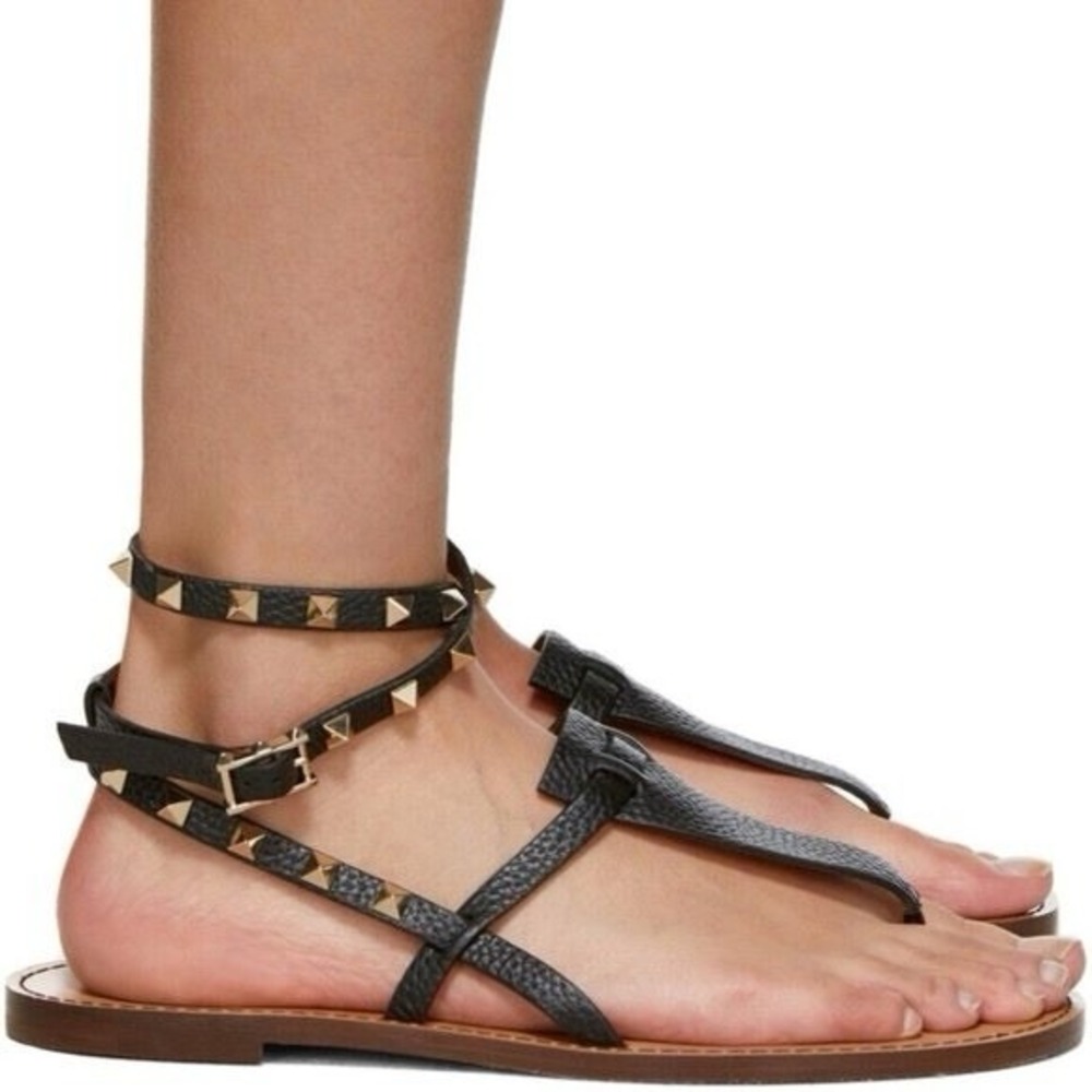Valentino Black Leather Rockstud Ankle-Strap Flat Sandals